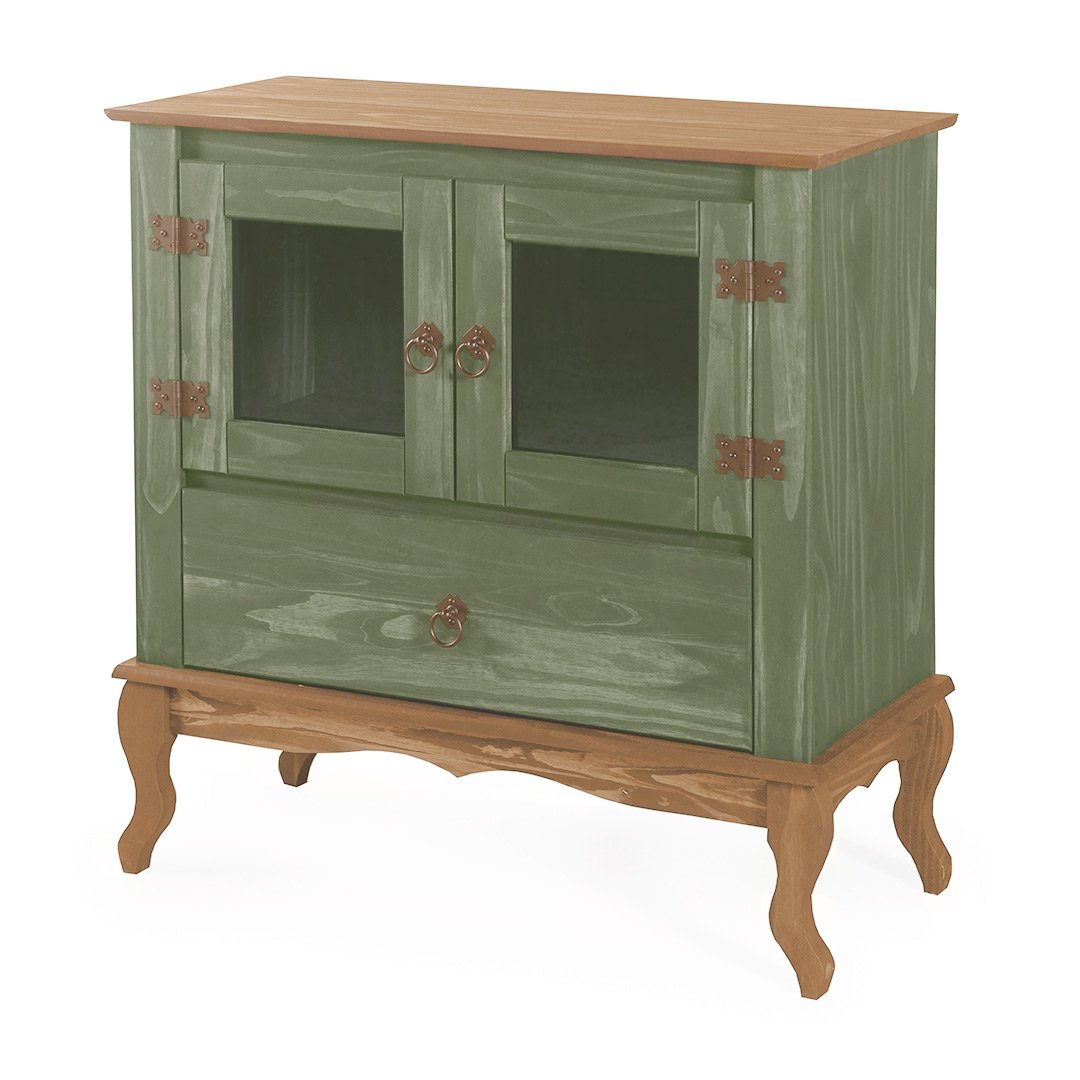 balcao multiuso em madeira rustico pes luis xv com gaveta e portas de vidro verde