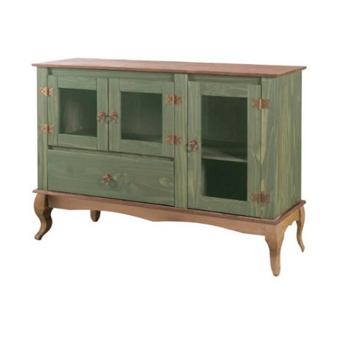 balcao rustico em madeira 120cm pes luis xv 3 portas de vidro verde