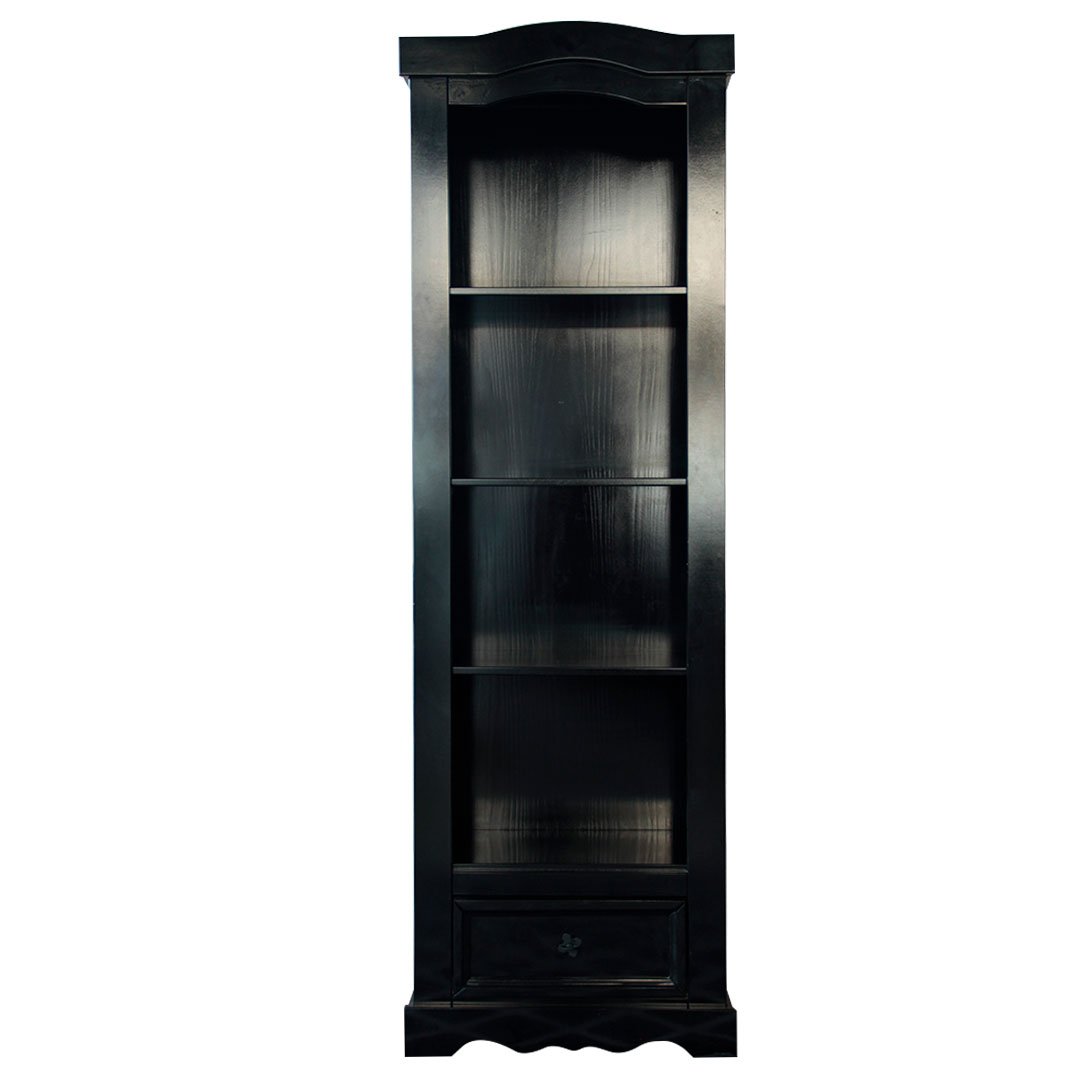 livreiro em madeira com MDF preto laqueado com gaveta clássico  3 prateleiras