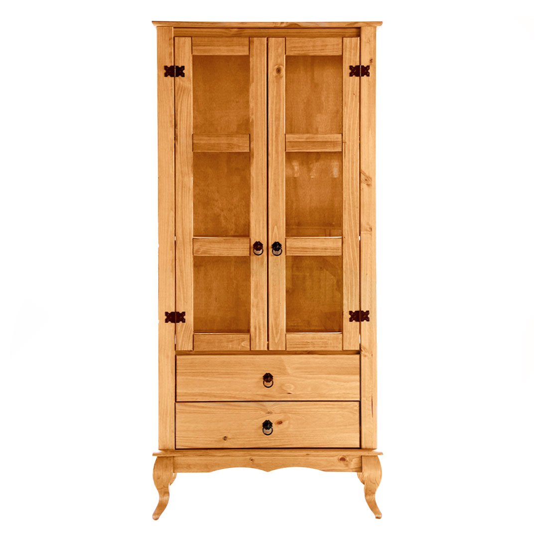 cristaleira de madeira rustica 2 portas 2 gavetas luis xv