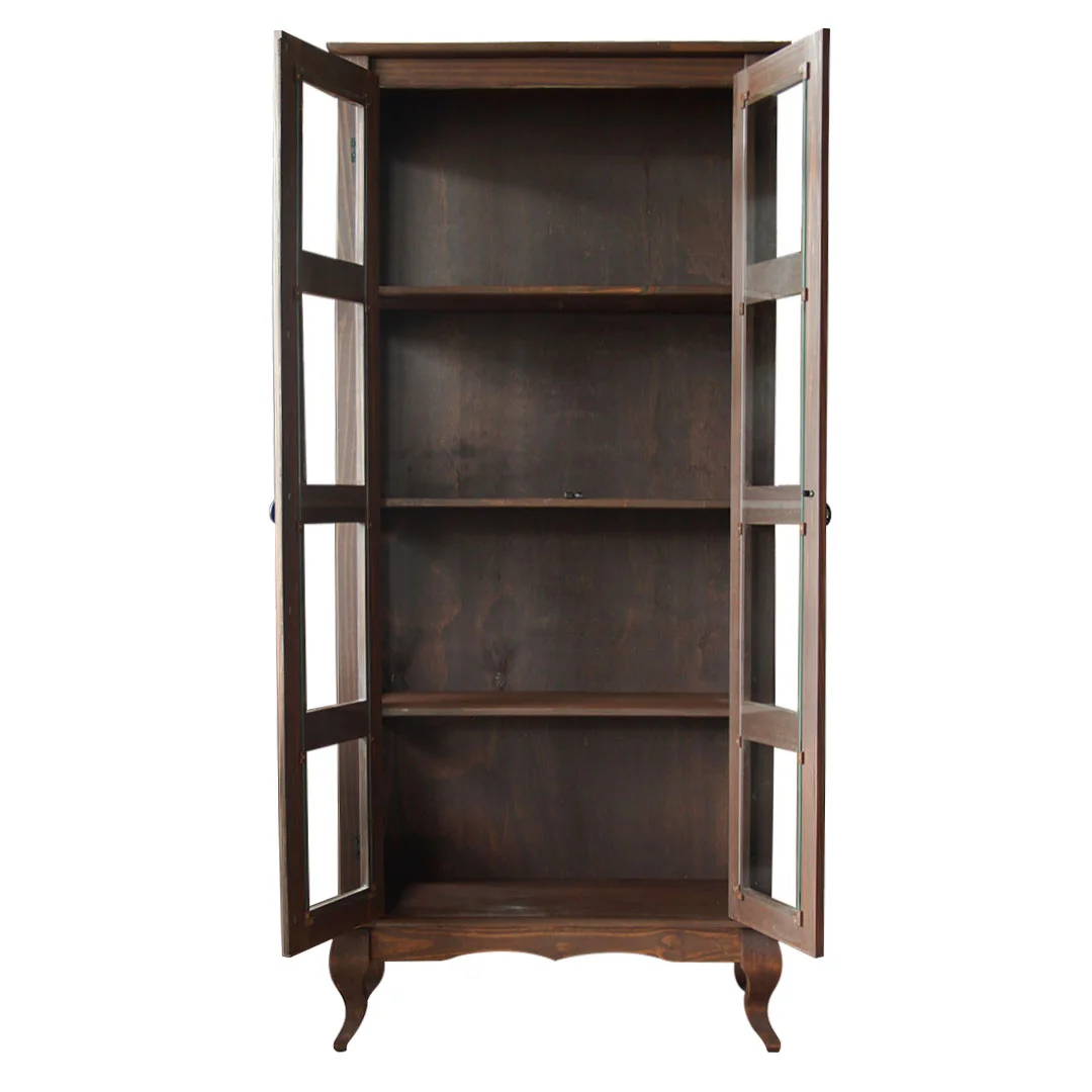 cristaleira de madeira rustica 2 portas luis xv marrom escuro imbuia