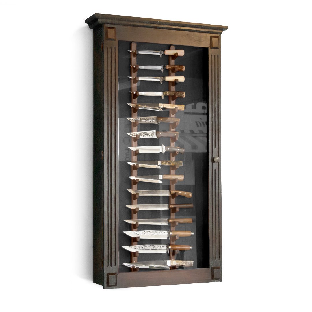 Expositor de parede rustico em madeira para coleção de facas grande 130 cm