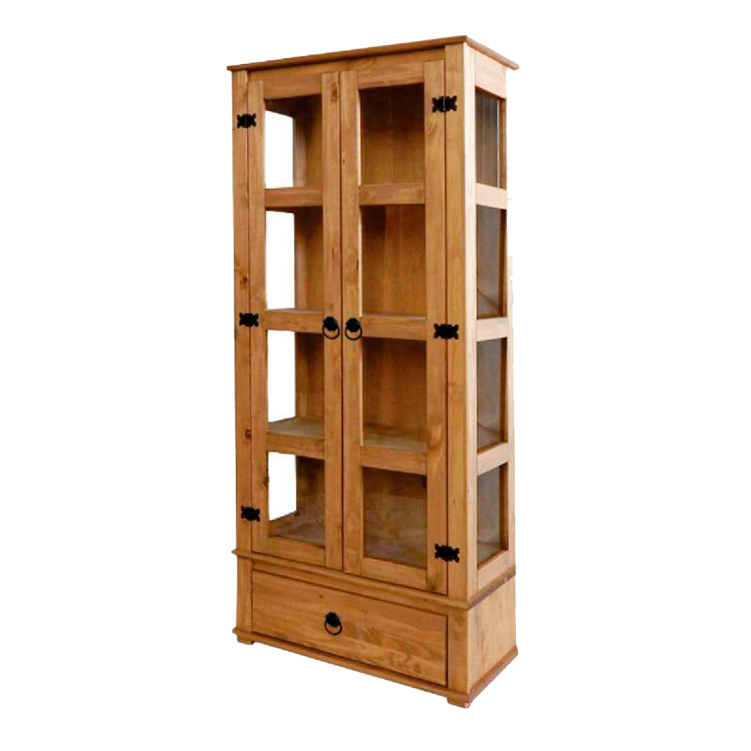 cristaleira rustica 2 portas em madeira com gaveta marrom