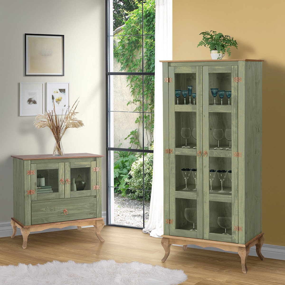 sala de estar rustica com cristaleira de madeira 2 portas e balcão multiuso em madeira 80cm luis xv verdes kale