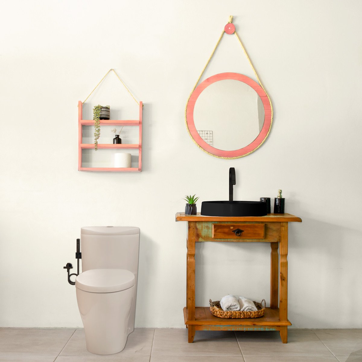 banheiro rustico com aparador em madeira nobre 80cm espelho adnet 60cm em madeira com corda de sisal e prateleira de madeira suspensa