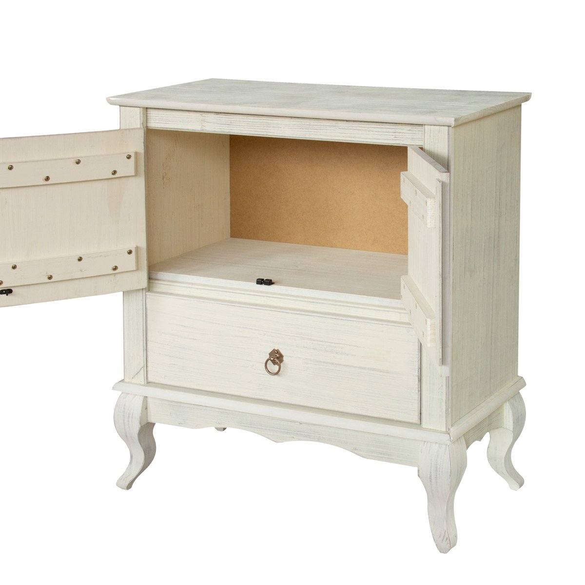 balcao multiuso em madeira rustico 80cm duas portas com gaveta luis xv cor branco pátina