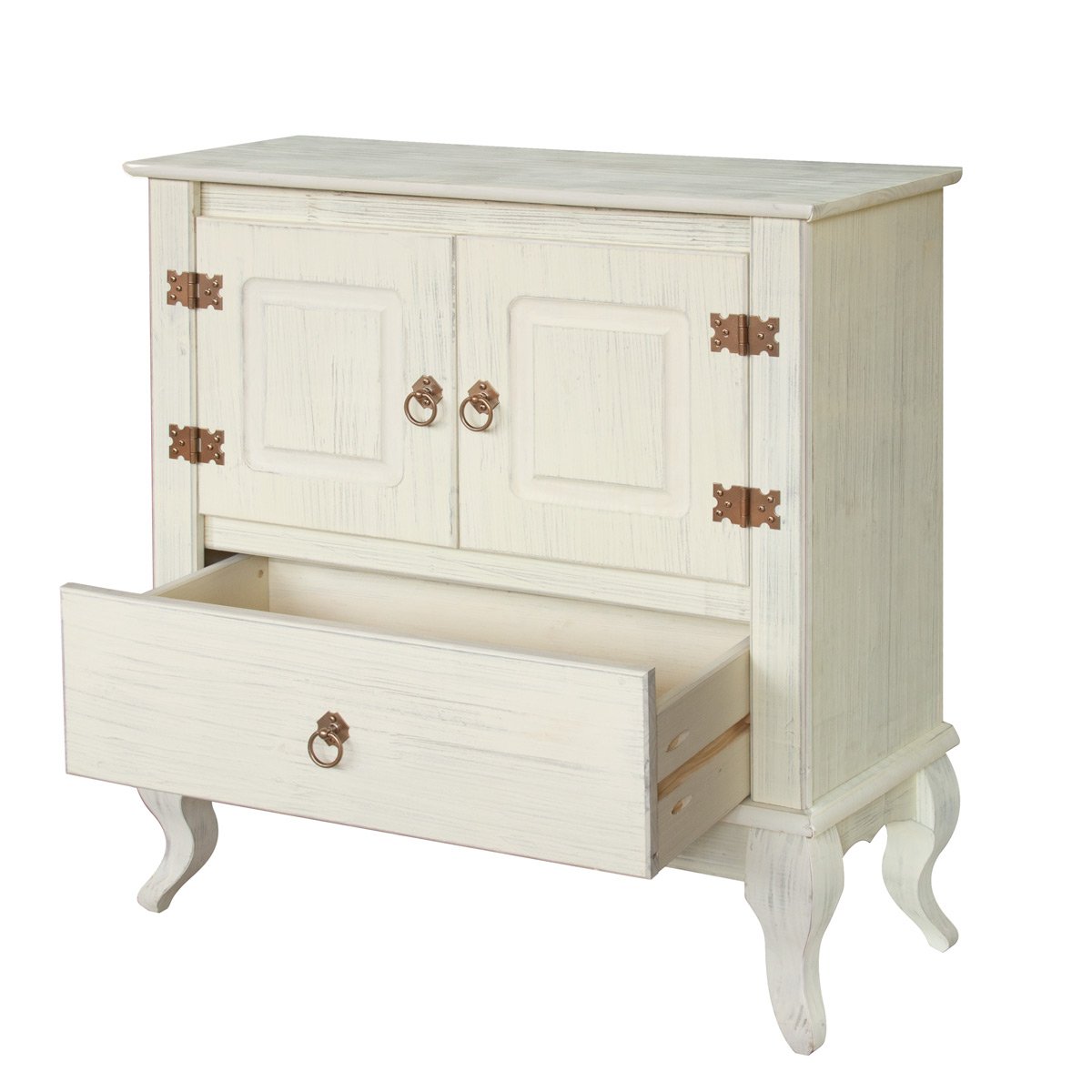 balcao multiuso em madeira rustico 80cm duas portas com gaveta luis xv cor branco pátina