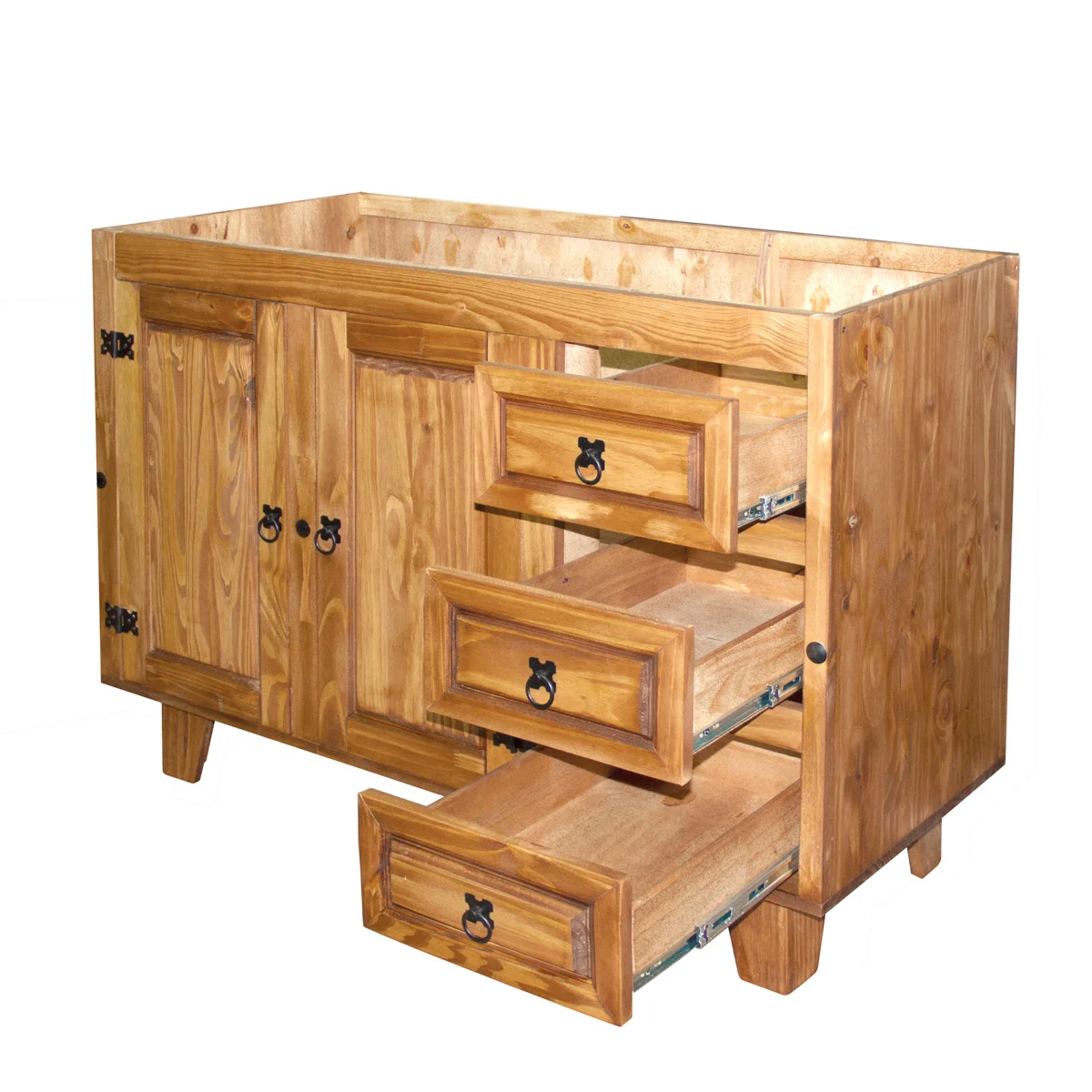 balcao de pia rústico em madeira 120cm para cozinha gavetas abertas