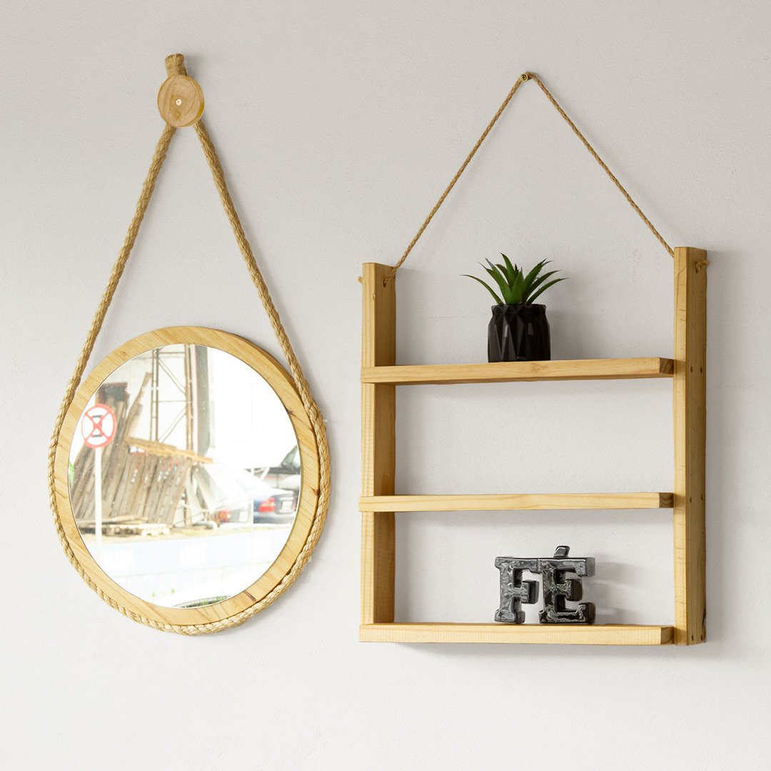 espelho adnet em madeira com corda de sisal e estante de madeira marrom claro espelho adnet em madeira com corda de sisal e estante de madeira marrom claro