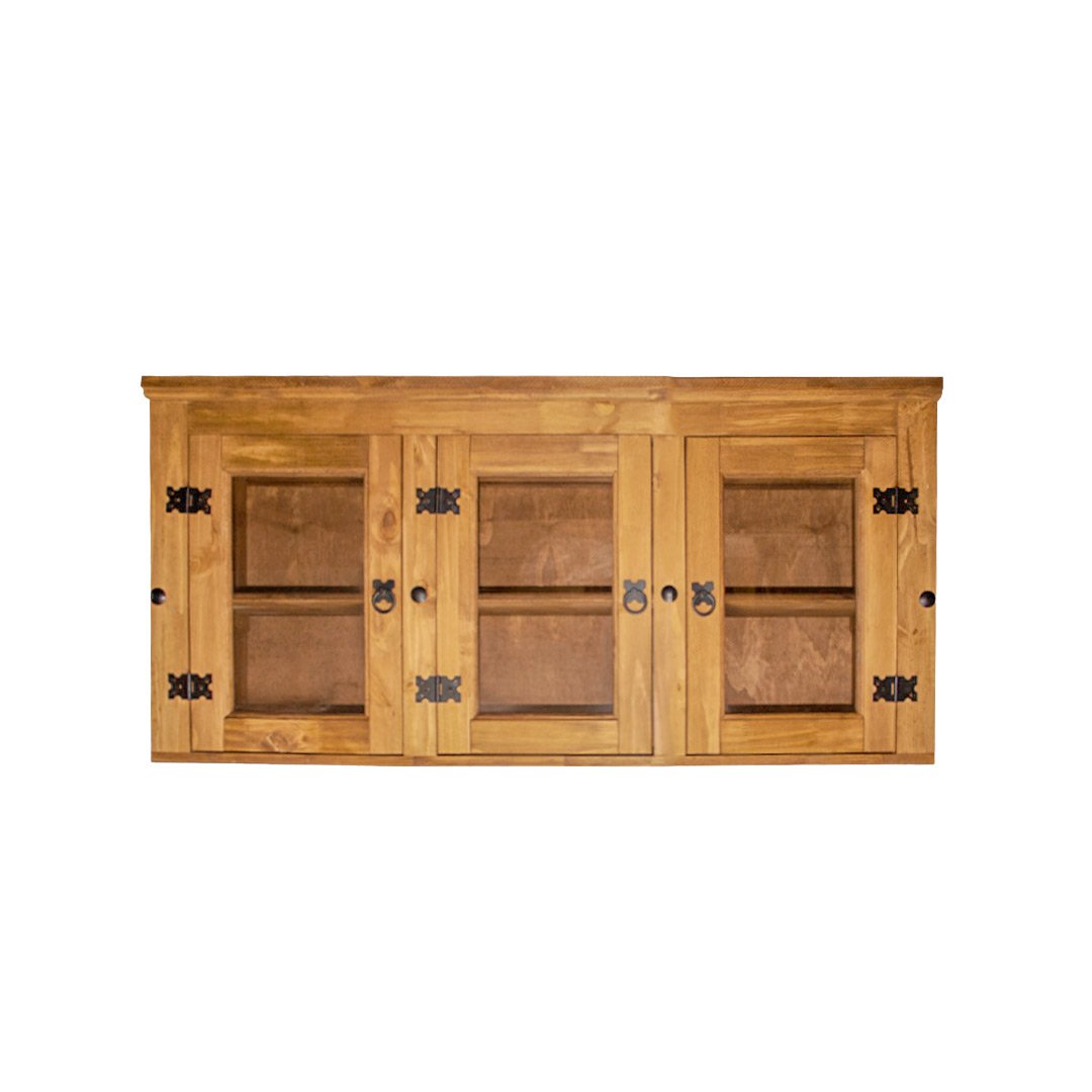 armario aereo rustico em madeira com 3 portas de vidro 120cm