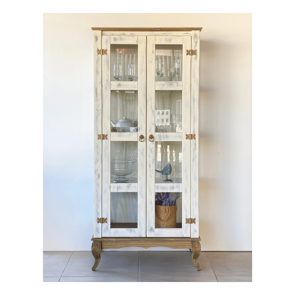 cristaleira 2 portas rustica em madeira luis xv branco envelhecido mel 3