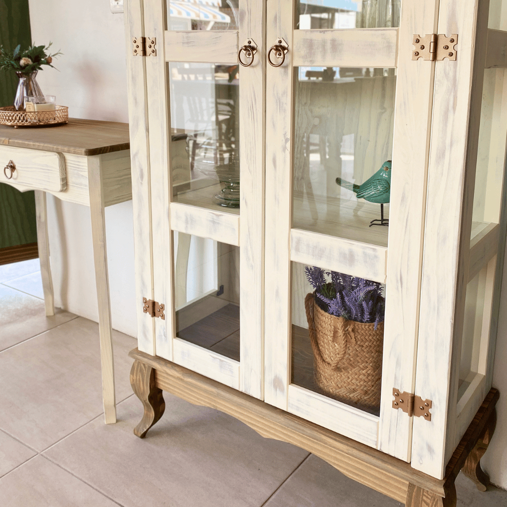 kit aparador rustico e cristaleira 2 portas branco envelhecido mel 1