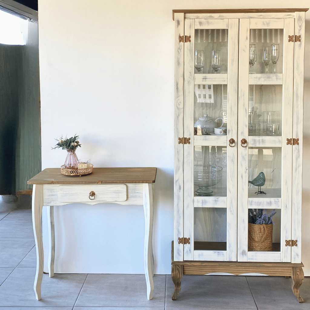 kit aparador rustico e cristaleira 2 portas branco envelhecido mel 2