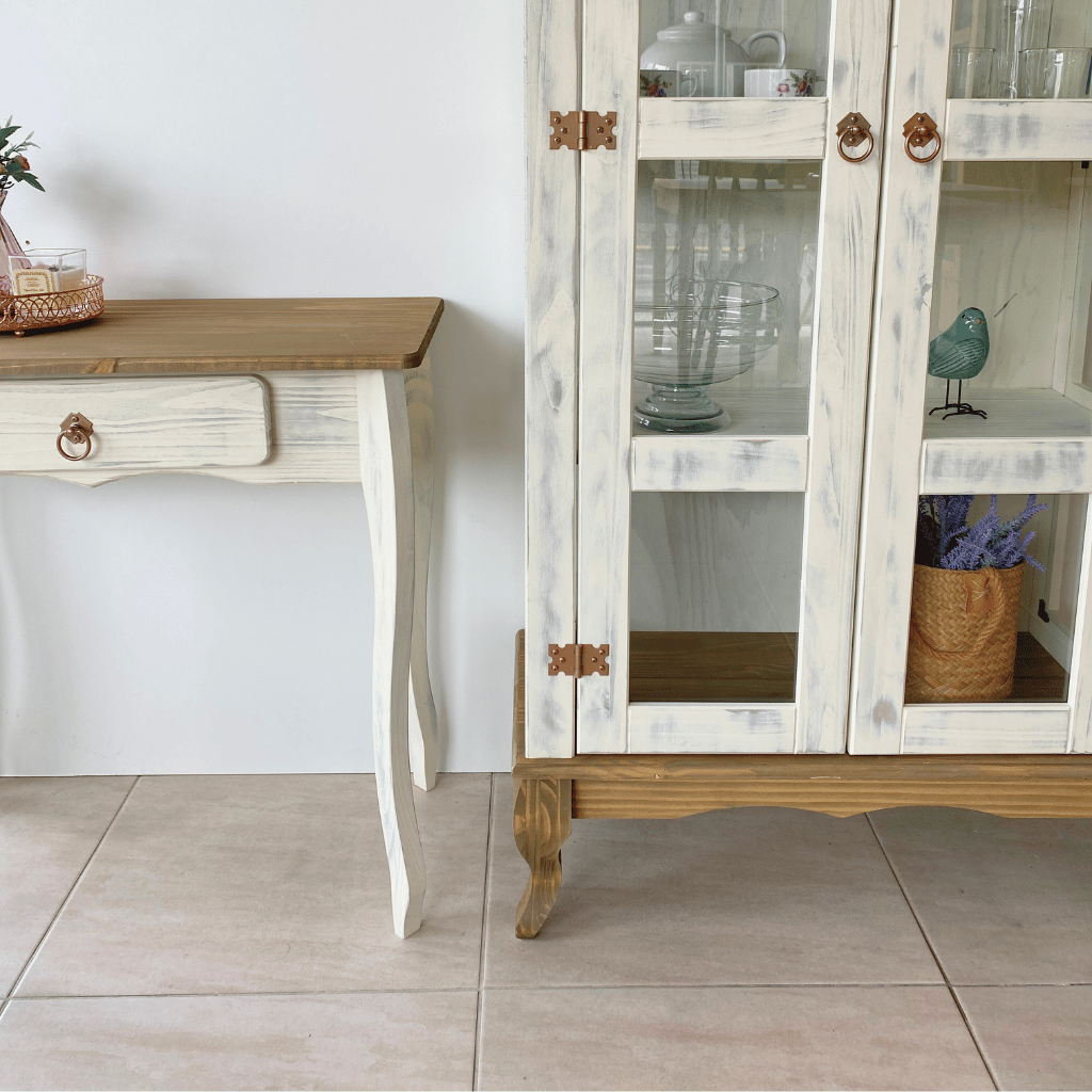 kit aparador rustico e cristaleira 2 portas branco envelhecido mel 3