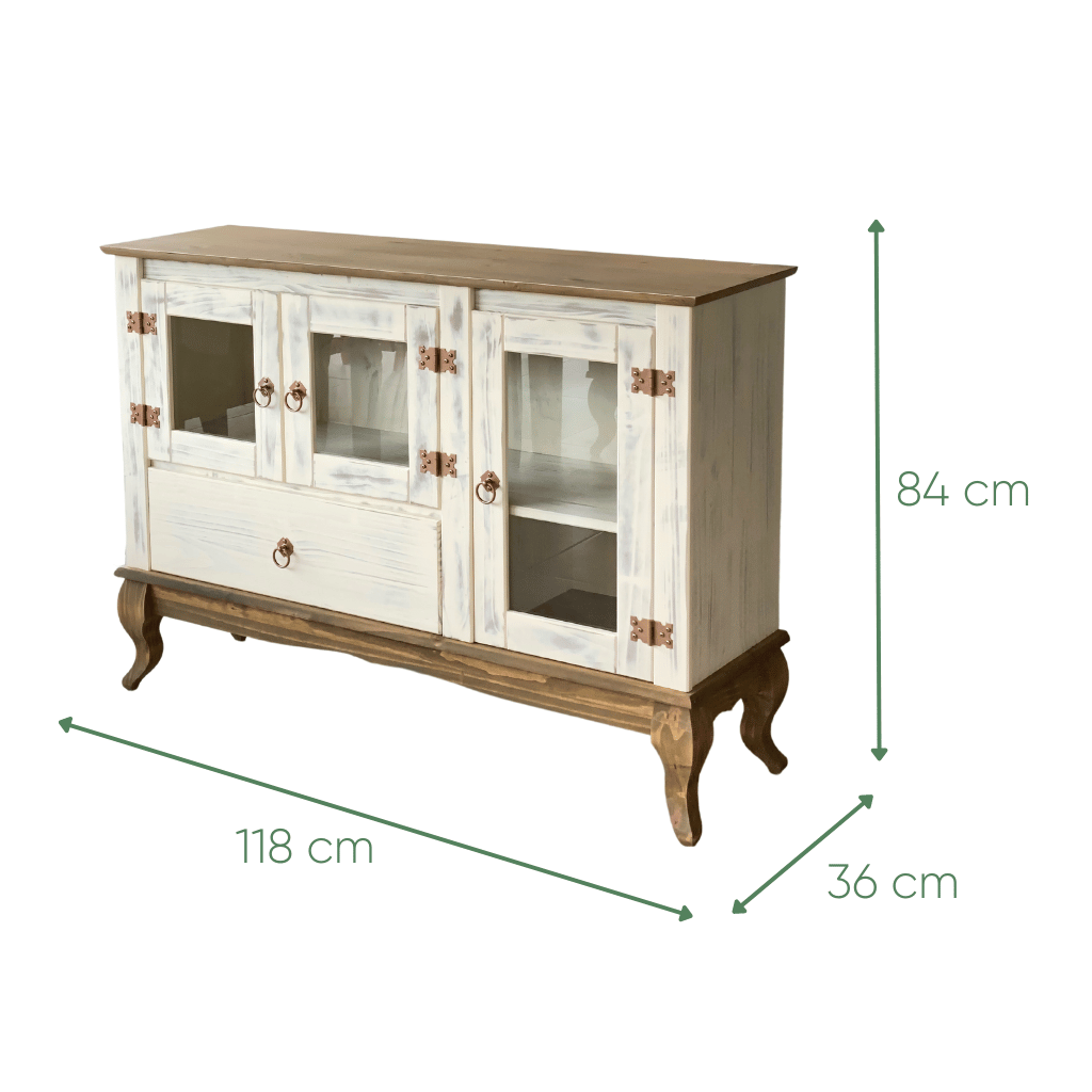 balcao multiuso rustico em madeira 120 cm luis xv branco envelhecido e mel 2 1