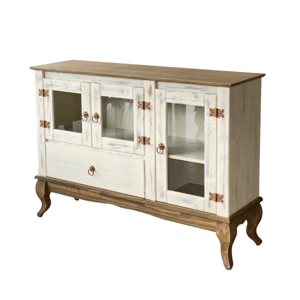 balcao multiuso rustico em madeira 120 cm luis xv branco envelhecido e mel 2