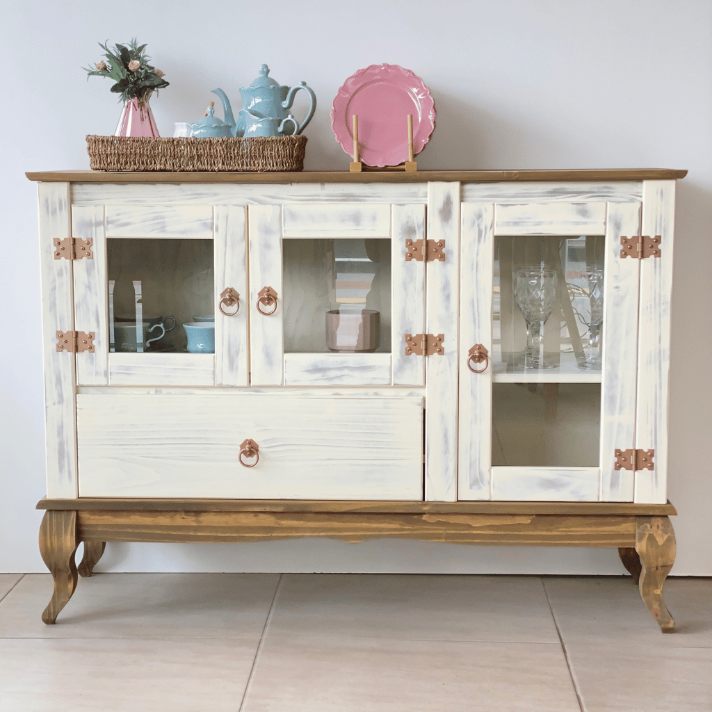 balcao multiuso rustico em madeira 120 cm luis xv branco envelhecido e mel 5