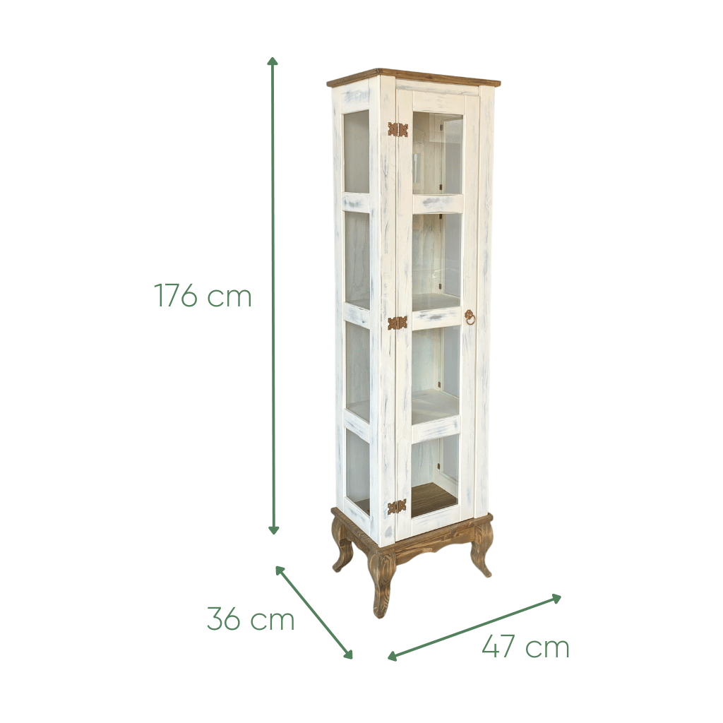 cristaleira de madeira torre rustica pes luis xv vidros laterais branco envelhecido e mel 1