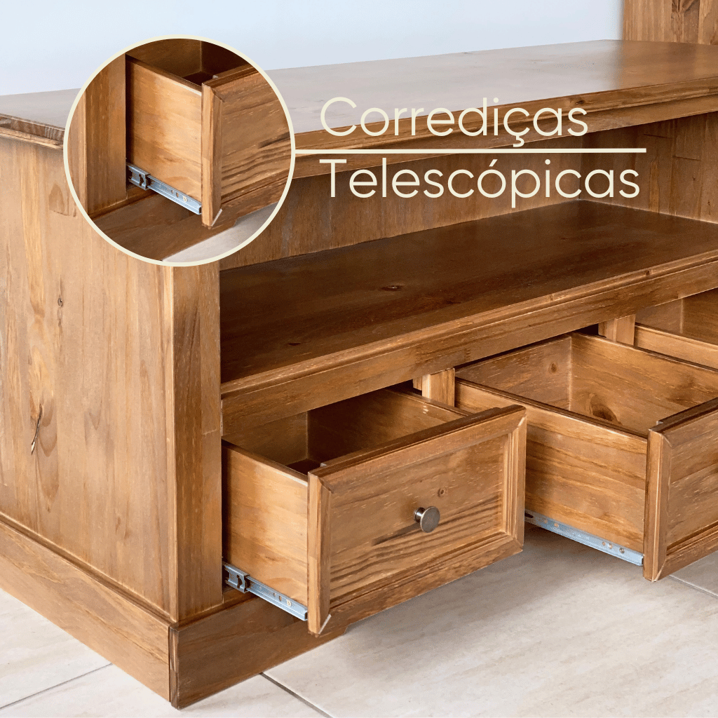 rack classico 3 gavetas 130 cm em madeira com mdf castanho 1