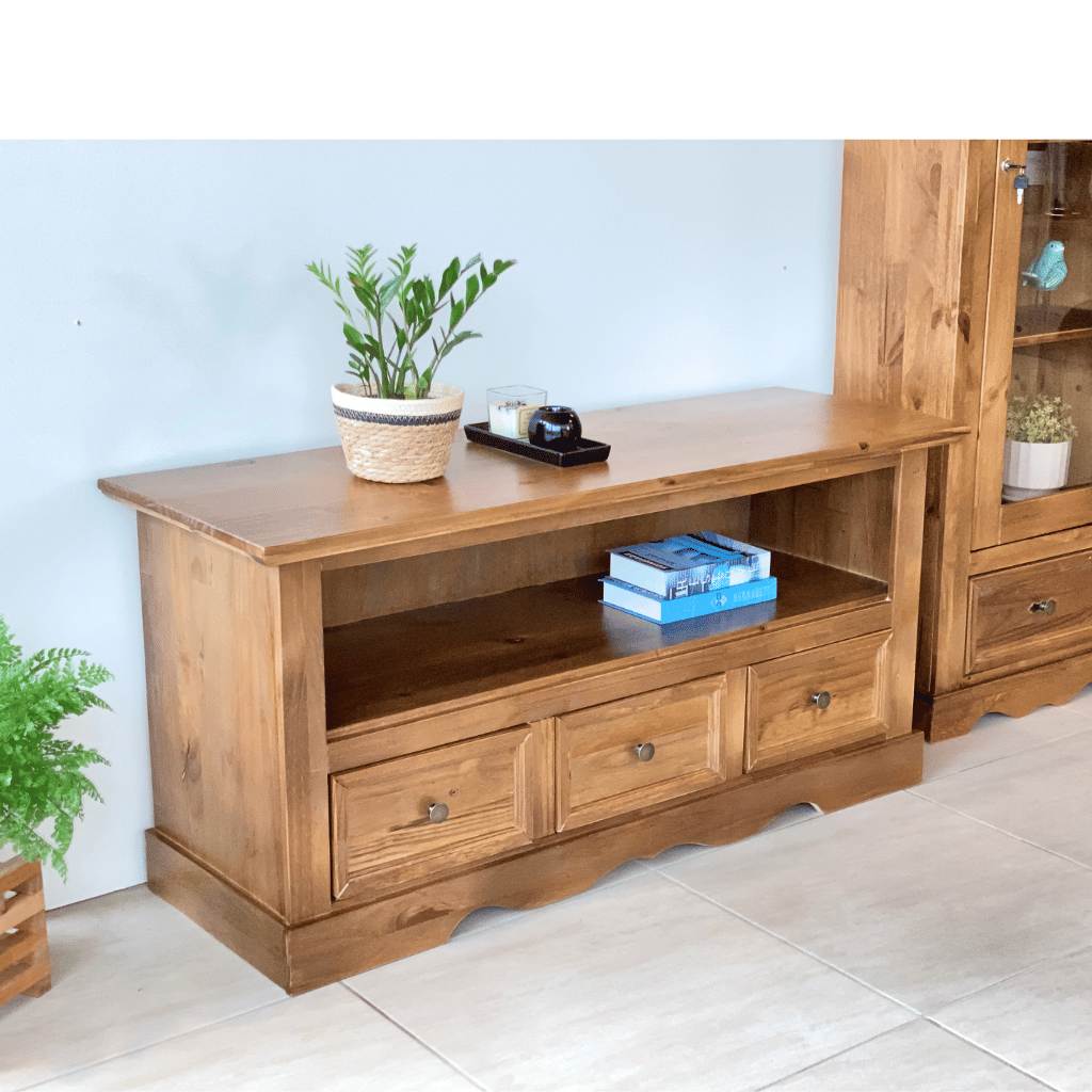 rack classico 3 gavetas 130 cm em madeira com mdf castanho 2