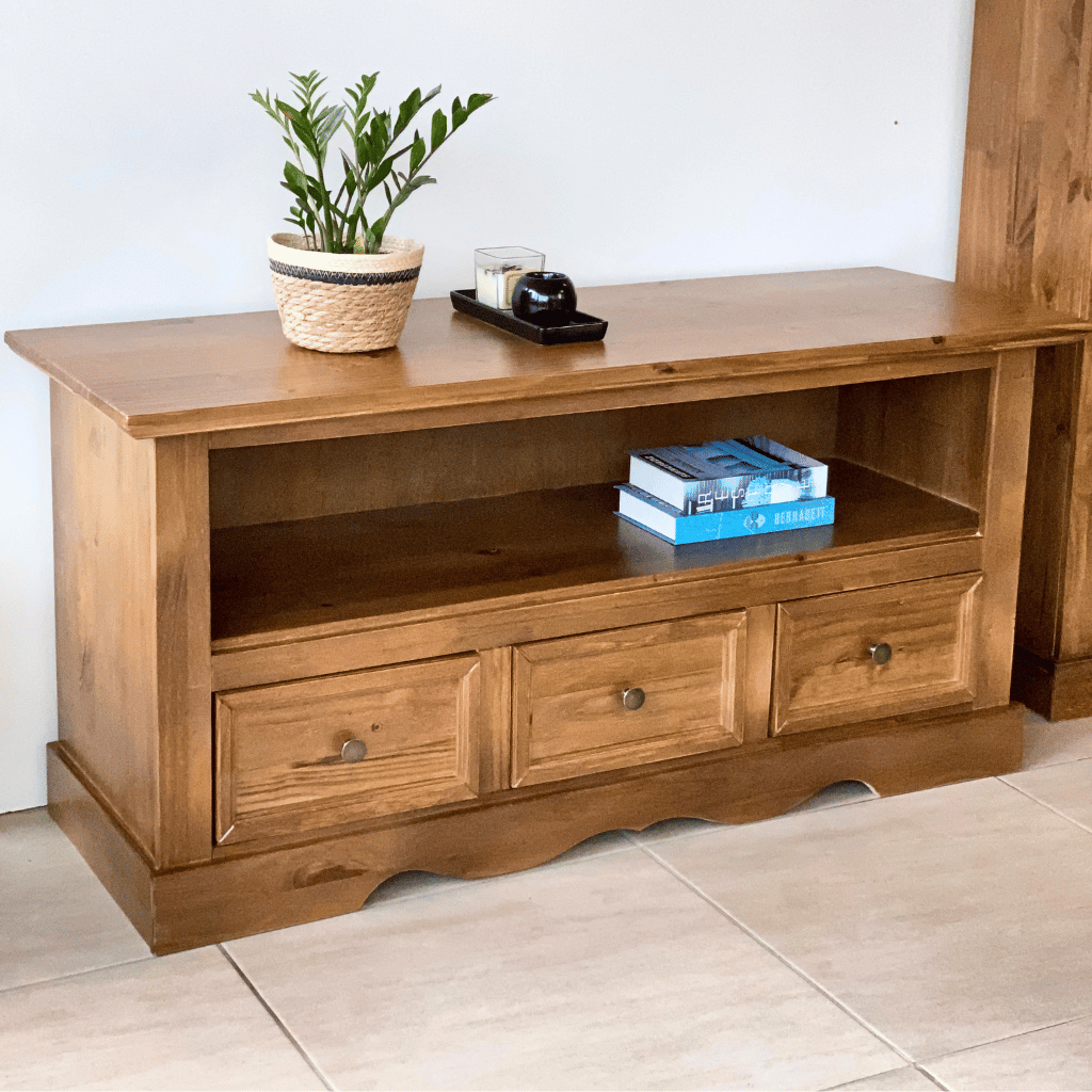 rack classico 3 gavetas 130 cm em madeira com mdf castanho 3