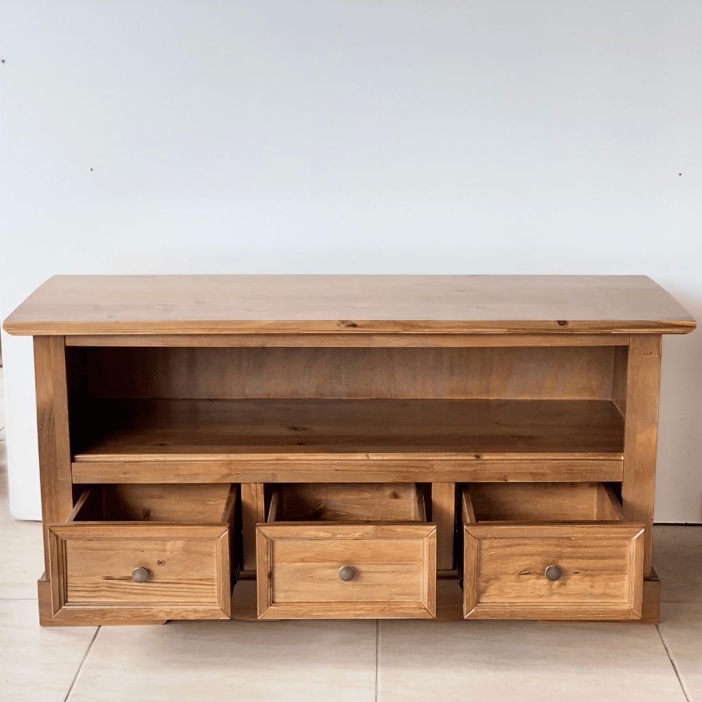 rack classico 3 gavetas 130 cm em madeira com mdf castanho 6