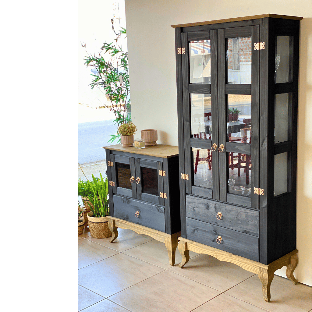kit cristaleira 2 portas em madeira pes luis xv 2 com gavetas e balcao multiuso pretos 2