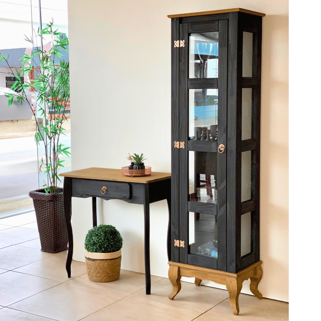 conjunto cristaleira torre com pes luis xv e aparador rustico 1 gaveta madeira preto 1