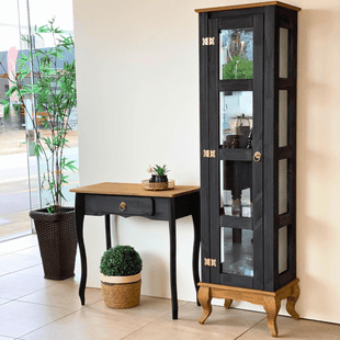 conjunto cristaleira torre com pes luis xv e aparador rustico 1 gaveta madeira preto 2