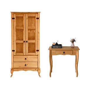 kit cristaleira 2 portas 2 gavetas e aparador aurora em madeira mel