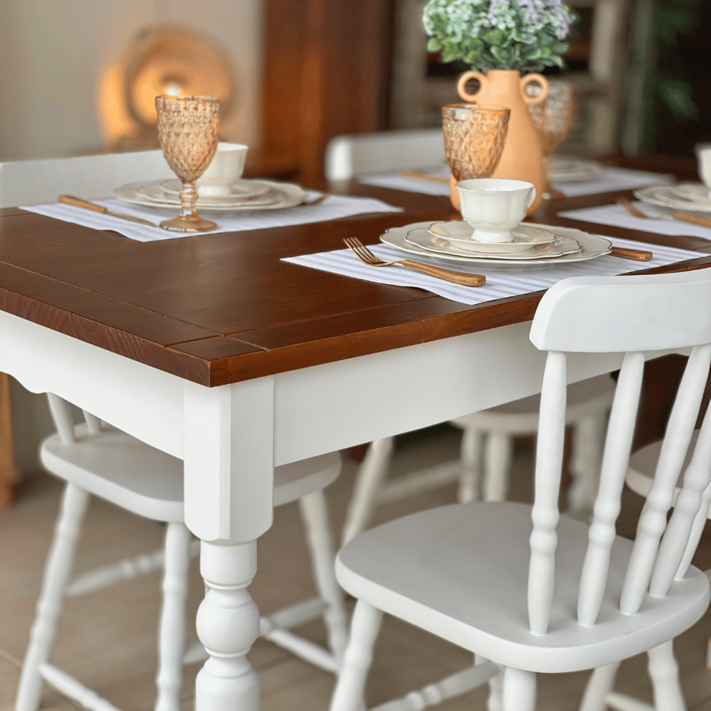 mesa de jantar retangular colonial pe torneado 6 lugares 7