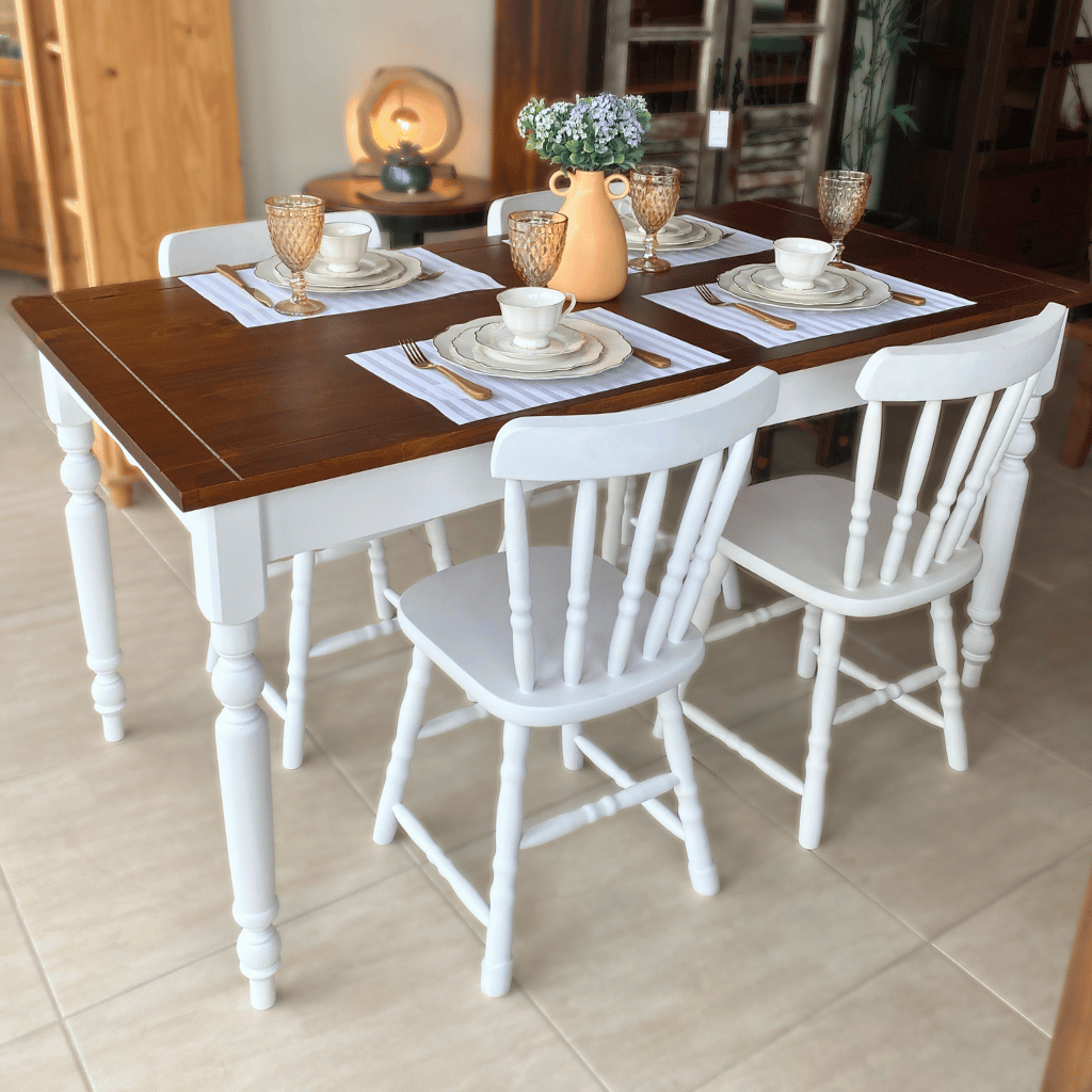 mesa de jantar retangular colonial pe torneado 6 lugares 8
